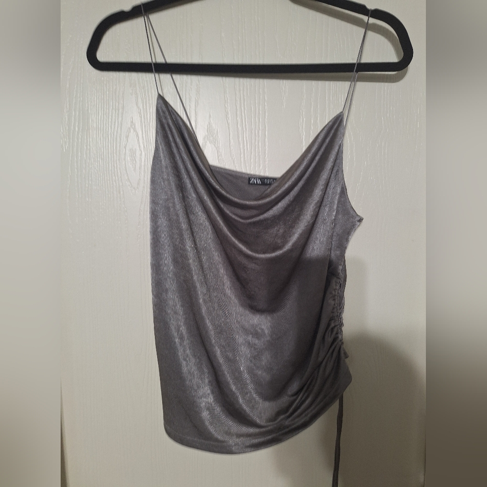 Zara Metallic Sheen Gray Asymmetrical Ruched Spaghetti Strap Cowl Kneck